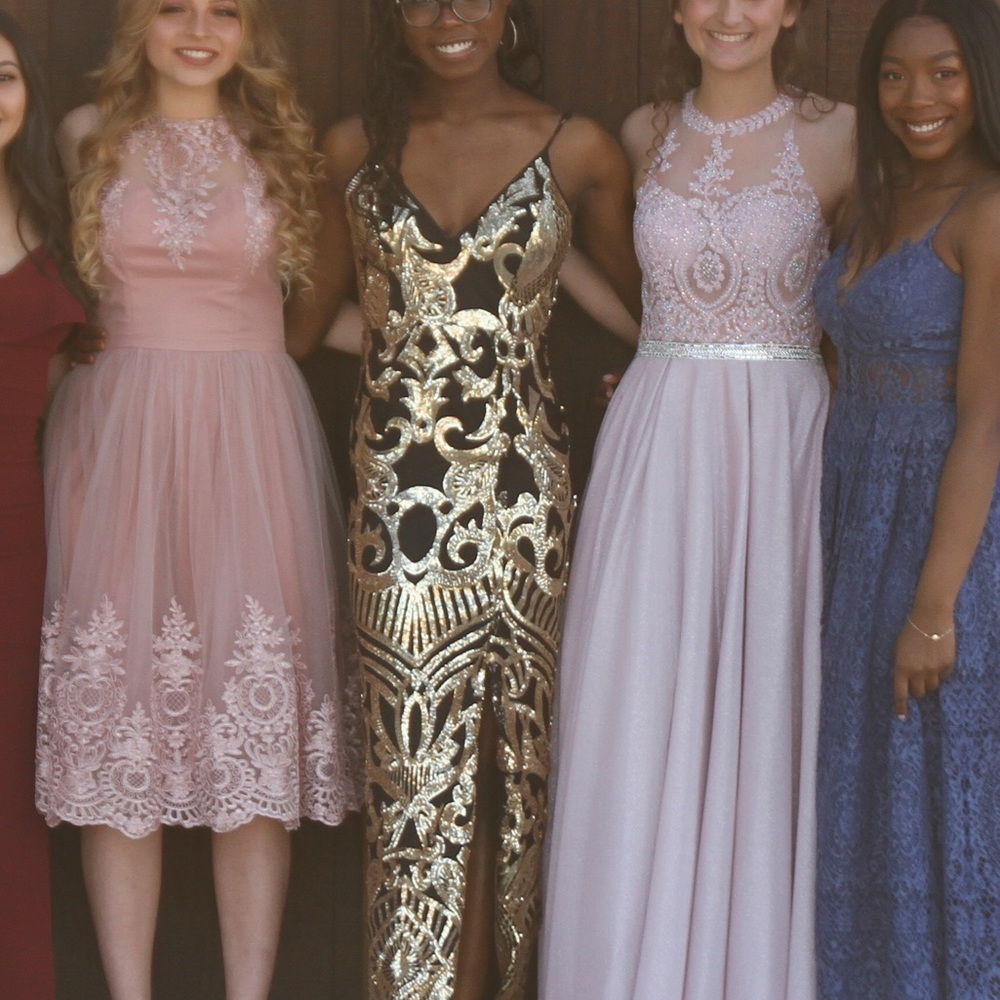 GOLD + BLACK EMBELLISHED PROM DRESS